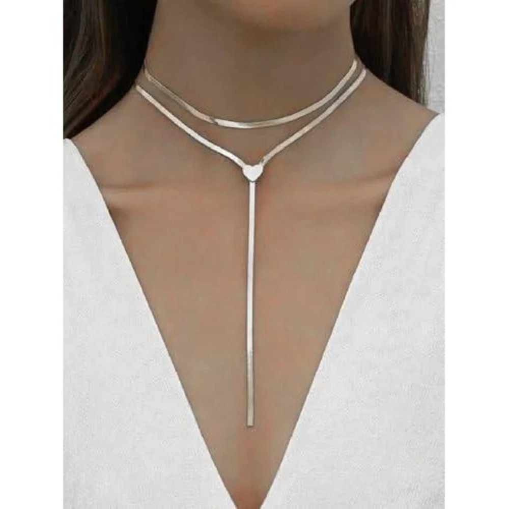 Silver Layered Herringbone Snake Chain Heart‎ Lariat Necklace Set